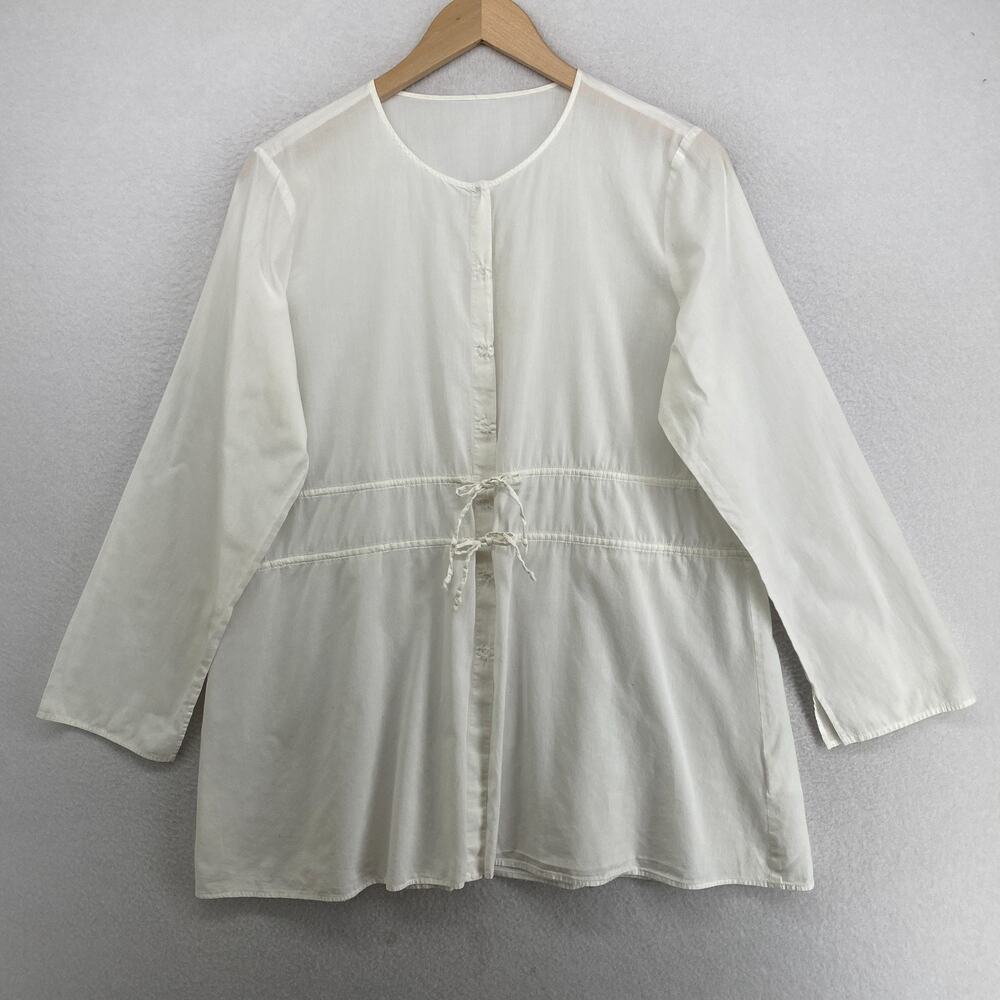 EILEEN FISHER Top M Organic Cotton Voile Snap Front Cinched Waist White